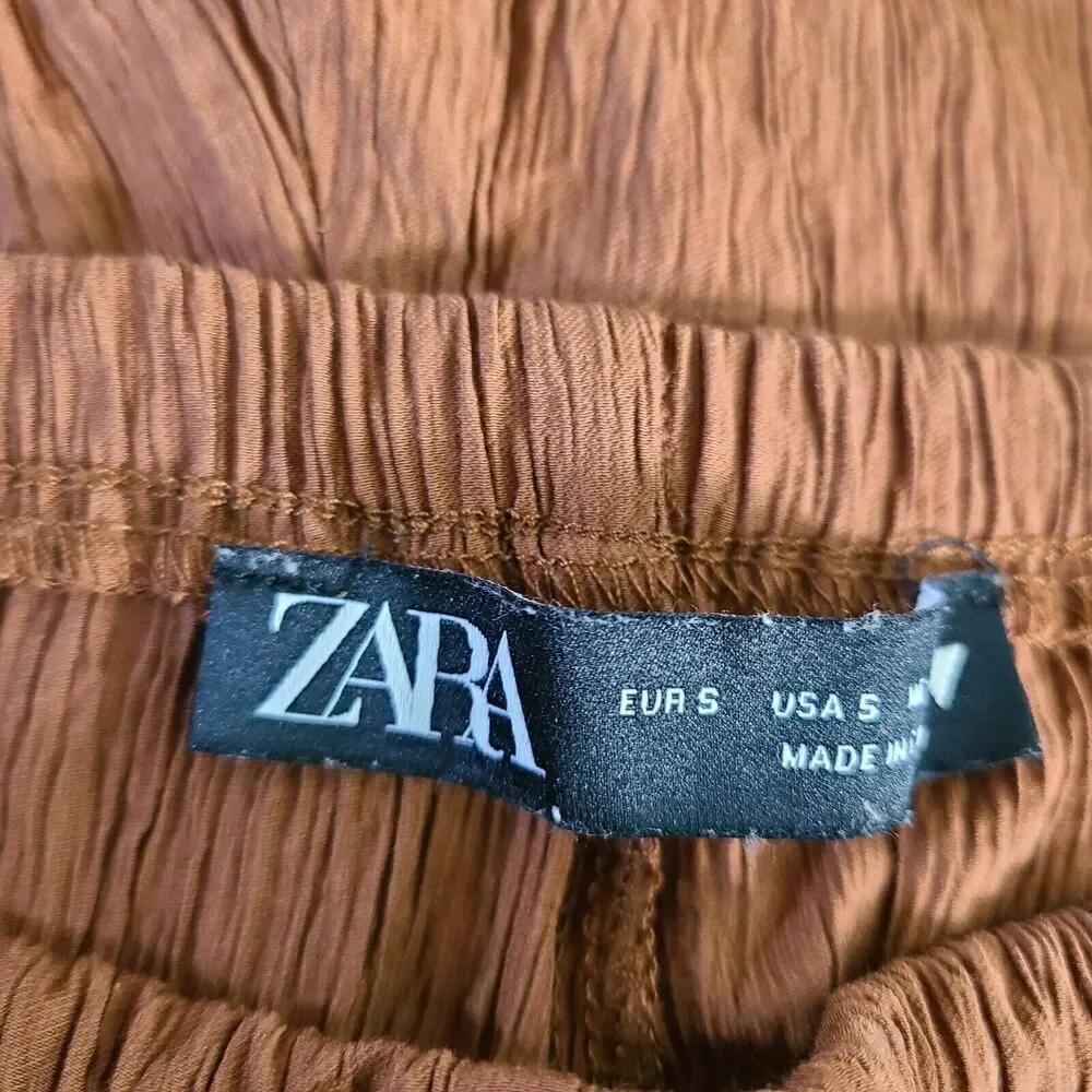 Zara Pants S Brown Crinkle Pull-On Straight‎ Leg Lightweight High-Rise Bottoms